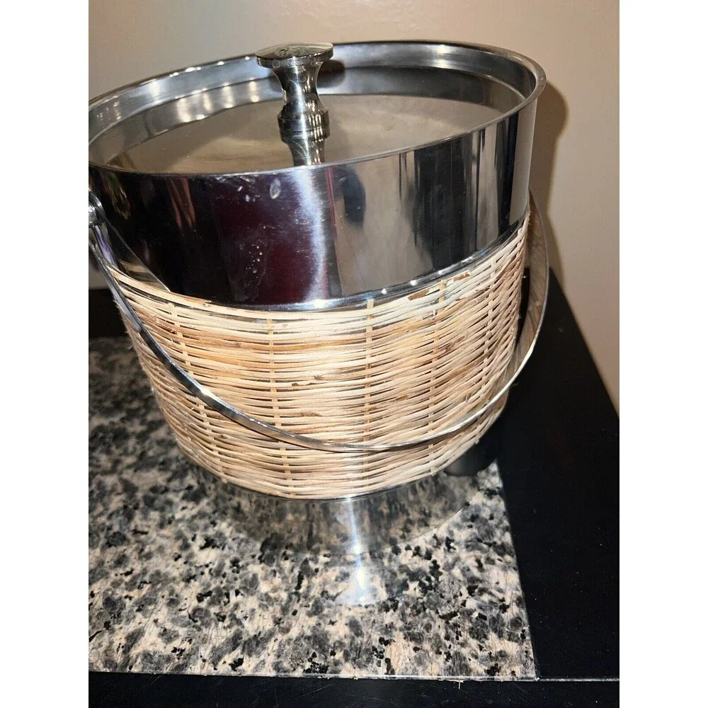 Tommy Bahama Ice Bucket Stainless Steel Basket Weave Nautical Bar